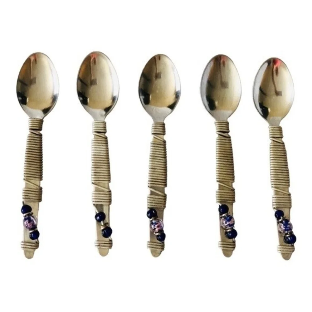 Handmade Stainless Steel Teaspoons Set of 5 Beaded South Africa Artisan NWOT